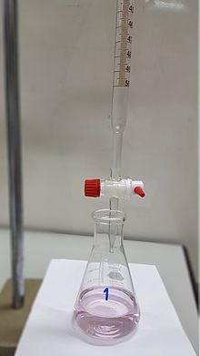 A burette and Erlenmeyer flask (conical flask) being used for an acid-base titration. Acid and Base Titration.jpg