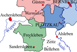 The Principality of Anhalt-Plötzkau (blue) in 1611.