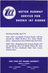 A brochure given out to passengers in anticipation of the April 18, 1965, changes to IRT service Better Subway Service For Bronx IRT Riders.gif