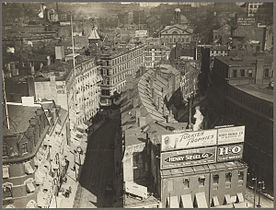 Overview of Brattle St. (left), Cornhill (right), and Faneuil Hall (upper right), c. 1920