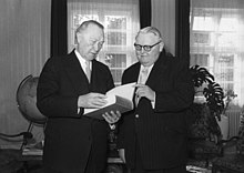 Ludwig Erhard
with Konrad Adenauer
in 1956, while Erhard was Minister of Economics Bundesarchiv B 145 Bild-F004214-0033, Konrad Adenauer und Ludwig Erhard.jpg