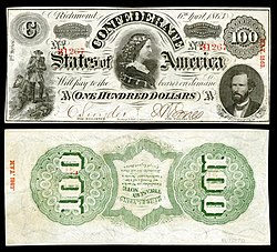 Джордж У. Рэндольф изображен на 100-долларовой банкноте Конфедерации 1863 года (с Люси Пикенс).
