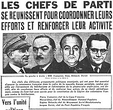 Leaders of the main collaborationist parties. From left to right: Pierre Costantini (French League), Marcel Deat (National Popular Rally), Eugene Deloncle (MSR) and Jacques Doriot (PPF), extract from the front page of Le Matin, October 10, 1941. Chefs de parti LVF 1941.jpg