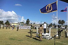 Queen Elizabeth II's personal flag flying at the Sovereign's Day parade in Belize City, 2019 Commonwealth Day parade 2019.jpg