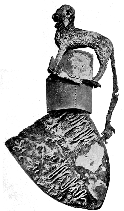 Fig. 271.—Shield, helmet, and crest of Edward the Black Prince, suspended over his tomb in Canterbury Cathedral.