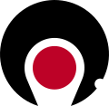 鹿児島県章。薩摩半島と大隅半島が図案化されており、中央の赤い丸が桜島を表している。