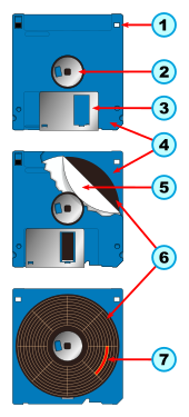 Internal parts of a 3 1/2 -inch floppy disk.
A hole that indicates a high-capacity disk.
The hub that engages with the drive motor.
A shutter that protects the surface when removed from the drive.
The plastic housing.
A polyester sheet reducing friction against the disk media as it rotates within the housing.
The magnetic coated plastic disk.
A schematic representation of one sector of data on the disk; the tracks and sectors are not visible on actual disks.
The write protection tab (unlabeled) in upper left. Floppy disk internal diagram.svg