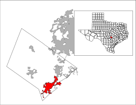 Poloha San Marcosu v rámci štátu USA Texas a v rámci Hays county