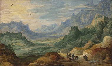 'n Berglandskap met Reisigers (in samewerking met Joos de Momper); vroeë 17de eeu, olie op paneel, 45 × 75cm, privaatversameling.
