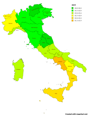 Life expectancy map of Italy 2019 -regions, names.png