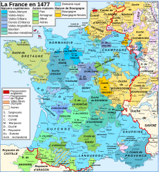 France in 1477. Red line: Boundary of the Kingdom of France; Light blue: the directly held royal domain