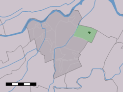 The village centre (dark green) and the statistical district (light green) of Hei- en Boeicop in the municipality of Zederik.