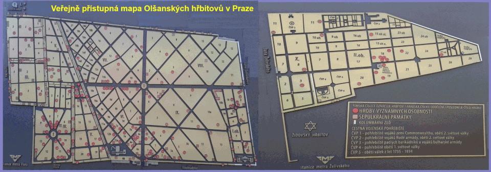 Veřejně přístupná orientační tabule se zjednodušenou mapou Olšanských hřbitovů v Praze