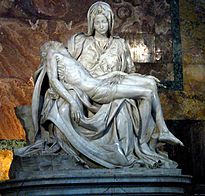 Michelangelo's Pietà shows Mary holding the dead body of Jesus.