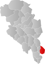 Mapa do condado de Oppland com Østre Toten em destaque.