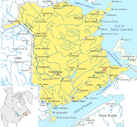 Localización del río San Juan en un mapa general de la provincia canadiense de Nuevo Brunswick, que muestra  las principales ciudades localizadas en sus riberas