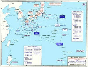 A map outlining the Japanese and U.S. (but not other Allied) ground forces scheduled to take part in the battle for Japan. Two landings were planned: (1) Olympic—the invasion of the southern island, Kyūshū, (2) Coronet—the invasion of the main island, Honshū.