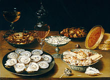 Dishes with Oysters, Fruit, and Wine, a 1620s painting by Osias Beert Osias Beert the Elder - Dishes with Oysters, Fruit, and Wine - Google Art Project.jpg