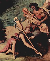 Detail from Piero di Cosimo's 16th-century version of Perseus rescuing Andromeda. The instrument in the hands of the musician is an anachronism and appears to be an imaginary combination of a plucked string instrument and bassoon. Piero di Cosimo 041.jpg