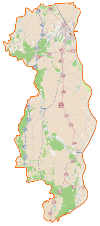 Mapa konturowa powiatu tczewskiego, po prawej nieco na dole znajduje się punkt z opisem „Gniew”