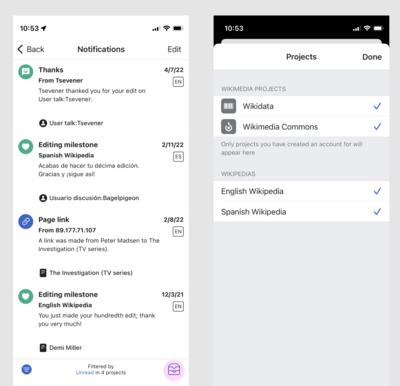 Two screenshots from the Wikipedia iOS app: on the left is the notification inbox with the 'projects' filter highlighted, on the right is the projects filter model.