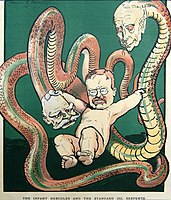 "Маленький Геркулес і змії Standard Oil", травень 23, 1906 авторства Френка Ненкайвелла[en]; зображає Президента США Теодора Рузвельта "який схопив голову Нельсона Олдріча[en] і змієподібне тіло Джона Рокфеллера".