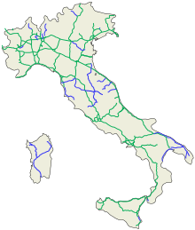 Network of motorways (in green) and expressways (in blue) longer than 30 km (19 mi) in Italy Rete autostradale italiana con superstrade.svg