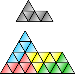 Four 'sphinx' hexiamonds can be put together to form another sphinx. Self-replication of sphynx hexidiamonds.svg