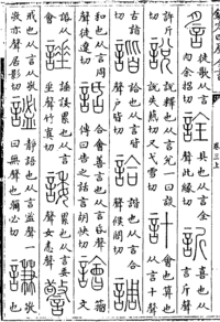 stránka čínského slovníku s nadpisy v pečetním skriptu a položkami v konvenčním skriptu