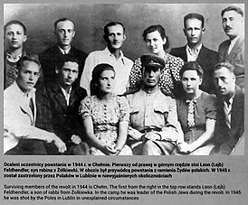 Фельдхендлер крайний справа в верхнем ряду среди некоторых выживших узников Собибора. 1944 год