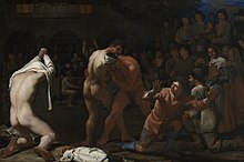 Michael Sweerts, Wrestling Match, 1649. Karlsruhe, Staatliche Kunsthalle. Sweerts's style is influenced by his time in Rome, and in this painting he combines a genre subject with classical poses and Italian coloring Sweerts, Michael -1649- - Wrestling Match.jpg