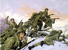 The Puerto Rican 65th Infantry Regiment's bayonet charge against a Chinese division during the Korean War. US 65th Infantry Regiment.Painting.Korean War.Bayonet charge against Chinese division.jpg