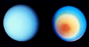 Uranus' southern hemisphere in approximate natural colour (left) and in higher wavelengths (right), showing its faint cloud bands and atmospheric "hood" as seen by Voyager 2