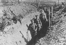 Emperor Wilhelm II on the way through a communication trench, 4 April 1918, during the German spring offensive Western front Kaiser in trench 1918-04-04.jpg