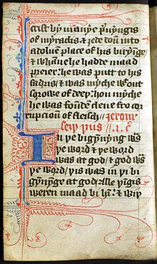The beginning of the Gospel of John in a manuscript of Wycliffe's English translation (MS. Hunter 191) (first line: 'In the bigynnyng was / the word & the word / was at god / & god was / the word.') Wycliffe John Gospel.jpg