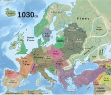 Carte montrant les différents royaumes d'Europe en 1030. L'Angleterre, le Danemark et la Norvège sont de la même couleur