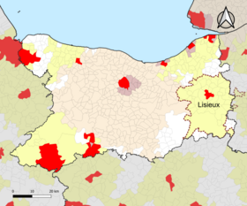 Localisation de l'aire d'attraction de Lisieux dans le département du Calvados.