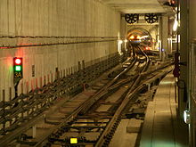 Tunnel on the Taipei Metro in Taiwan A crossover on the south side of Zhongxiao Xinsheng Station.JPG