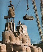 Historical photo depicting moving of the statues of the Abu Simbel temple using a crane