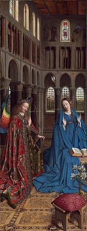 Jan van Eyck, Annunciation, 1434-1436. Wing from a dismantled triptych. National Gallery of Art, Washington DC. The architecture shows Romanesque and Gothic styles. Mary is overly large, symbolizing her heavenly status. Annunciation - Jan van Eyck - 1434 - NG Wash DC.jpg