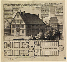 The malefizhaus of Bamberg, Germany, where suspected witches were held and interrogated: 1627 engraving Bamberger Malefizhaus 1627 Staatsbiblithek Bamberg.jpg