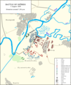 Battle of Szőreg. The situation around 7,50 p.m. Red - the Austrian troops, Blue - the Hungarian troops. Green - the Russian troops.