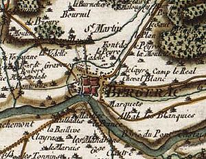 Kort fra 1700-tallet, der viser Bergerac med forsvar og broen og omkringliggende bebyggelser i Dordogne