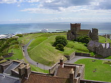 View from Dover Castle. Castle Church and Harbour.JPG