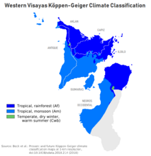 Map shows the Koppen-Geiger climate classification of the Western Visayas region, Philippines. Climate of Western Visayas.png