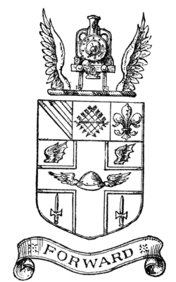 Fig. 555.—Arms of the Great Central Railway: Argent, on a cross gules, voided of the field, between two wings in chief sable and as many daggers erect in base of the second, in the fess point a morion winged of the third, on a chief also of the second a pale of the first, thereon eight arrows saltirewise banded also of the third, between on the dexter side three bendlets enhanced and on the sinister a fleur-de-lis or. Crest: on a wreath of the colours, a representation of the front of a locomotive engine proper, between two wings or. [The grant is dated February 25, 1898.]