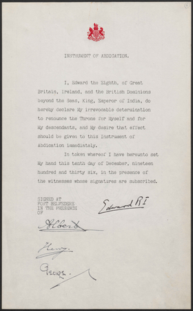 Instrument of abdication signed by Edward VIII and his three brothers, Albert, Henry and George, 10 December 1936 Edward abdication.png