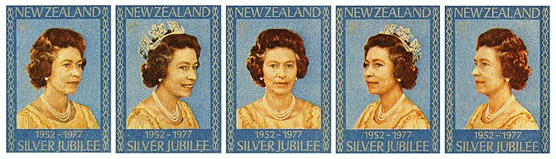 Stamps issued in New Zealand to commemorate the Silver Jubilee of Elizabeth II, as Queen of New Zealand Elizabeth II New Zealand silver jubilee stamps.jpg