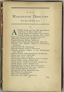 Страница озаглавлена ​​«Манчестерский справочник за 1772 год». Ниже приведен список имен от Арчера до Аллена.