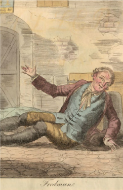 The fictionalised Jean Fredman, watchmaker turned apostle of brandy, lying drunk in a Stockholm street. Early 19th century engraving by Elis Chiewitz.